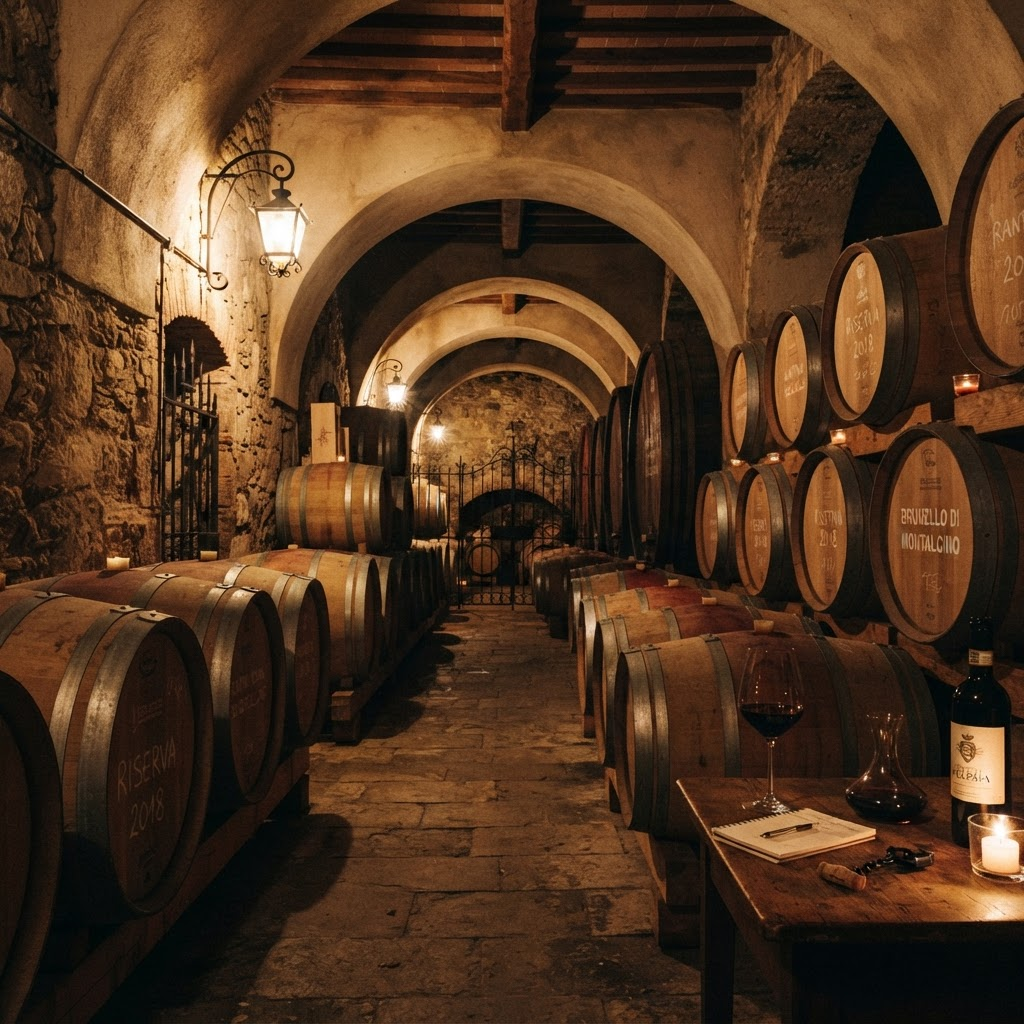 La bottaia della cantina Villa Crine con botti di rovere